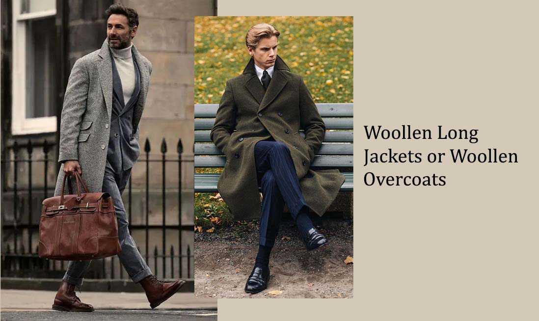 An image of 2 men wearing a Woollen Long Jacket in various colors and styling as formal and casual look